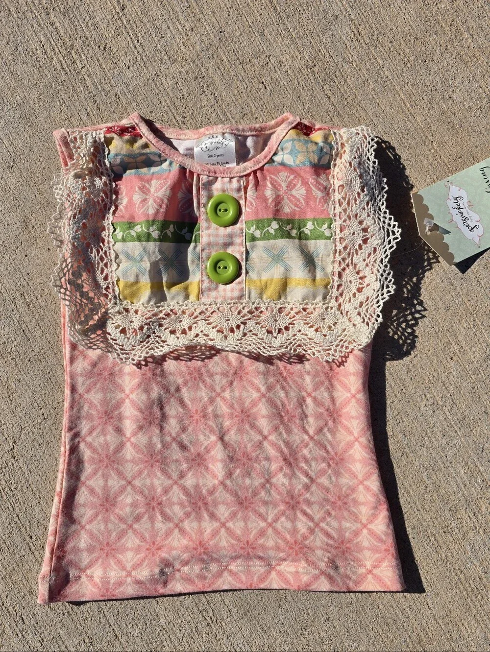 Persnickety Pink Lace-Trim Patterned Short Sleeve Tee with Green Buttons